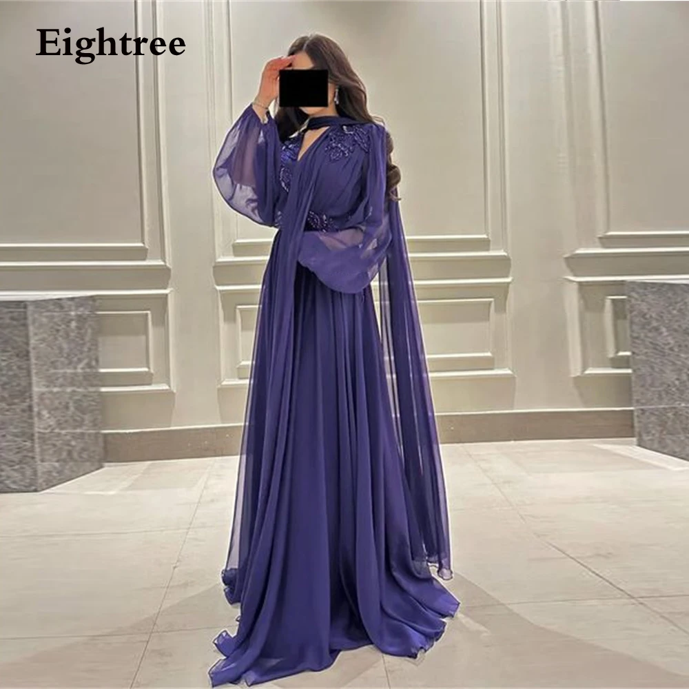 

Eightree Vintage Perple Evening Dresses Puff Sleeves Chiffion Appliques Appliques Long Abendkleider Dubai Formal Occasion Dresse