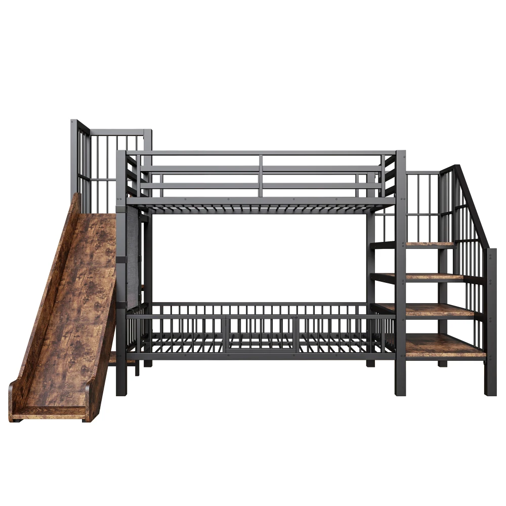 90*200cm Metal Bed for Children, with Slide and Storage Staircase, Bunk Bed with Protective Lattice Door, Integrated Shelves