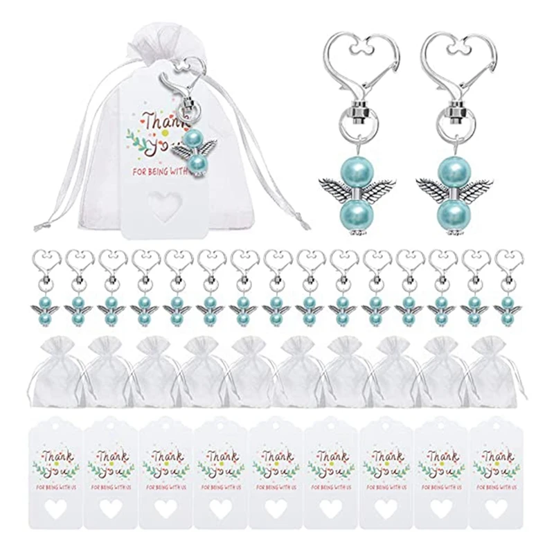 

40 Sets Pearl Angel With Heart-Shape Keychain Wedding Favor Set, Include Angel Pearl Keychains, Organza Gift Bags