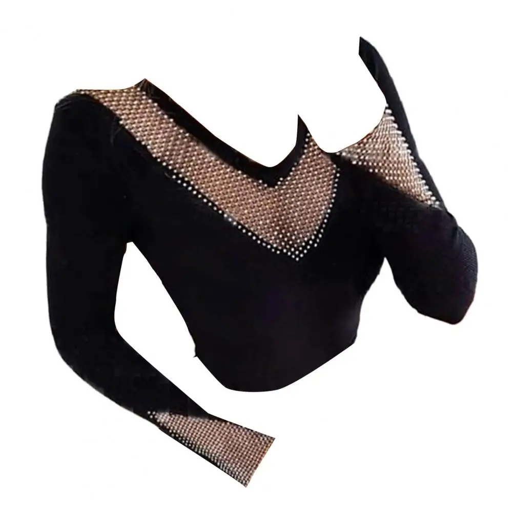 

Spring Autumn Top Rhinestone Mesh Hollow Heart Velvet Patchwork Tops for Women Slim Fit T-shirt Sexy Blouses O-neck Sweater