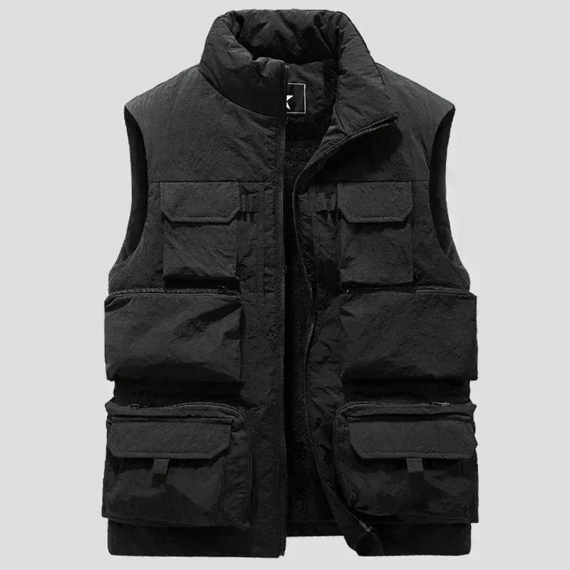 Men Cargo Vest Winter Autumn Thick Fleece Warm Sleeveless Sport Jacket Solid Color Tactical Coat Men Pockets Work Waistcoat