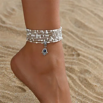 White Rice Beads Cute Small Hand Pendant Anklets For Women Silver Color Foot Chain Ankle Bracelet Beach Jewelry Summer Accessory
