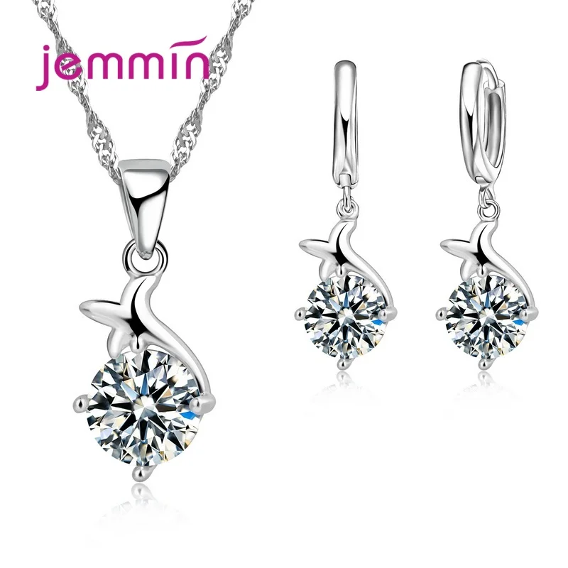 925 Sterling Silver Trendy Crystal Pendant Necklace Earrings Jewelry Set For Women Girls Wedding Engagement Fashion Jewelry jewelry set