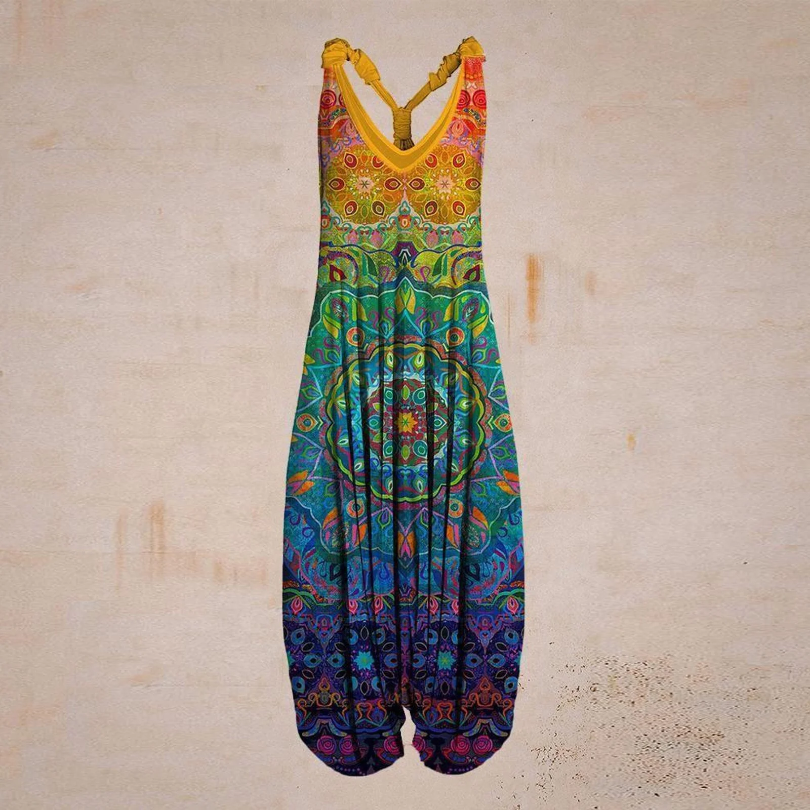 

Boho Casual Jumpsuits Women Casual Floral Print Rompers Loose Plus Size Casual Sleeveless Strappy Jumpsuit Vintage Ethnic Style