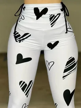 Summer Spring Women's Trousers Drawstring Love Pattern Print Yoga Exercise High Waist Fitness Leggings Ladies Cropped Pants 1