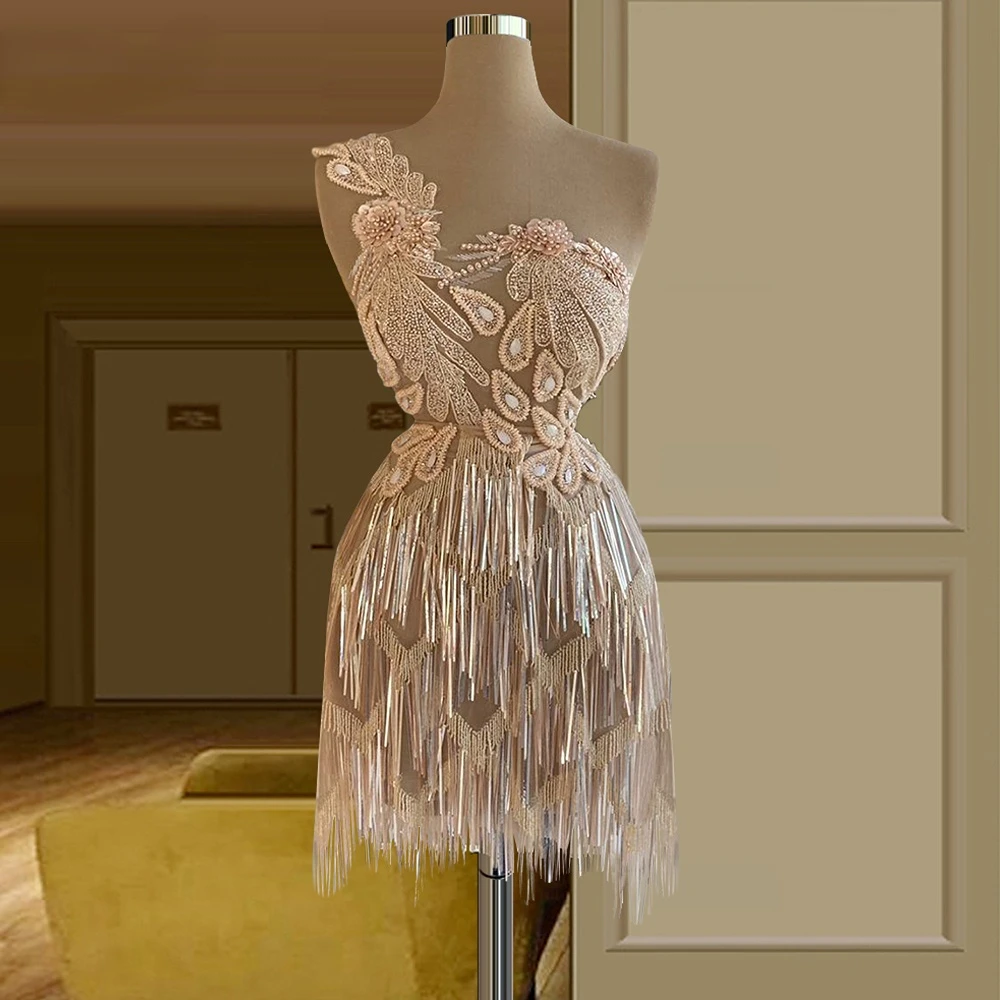 

Prom Dress Luxury 2024 One Shoulder Tassel Appliques Tulle Lace Sleeveless Above Kness Elegant Short Cocktail Gowns for Women