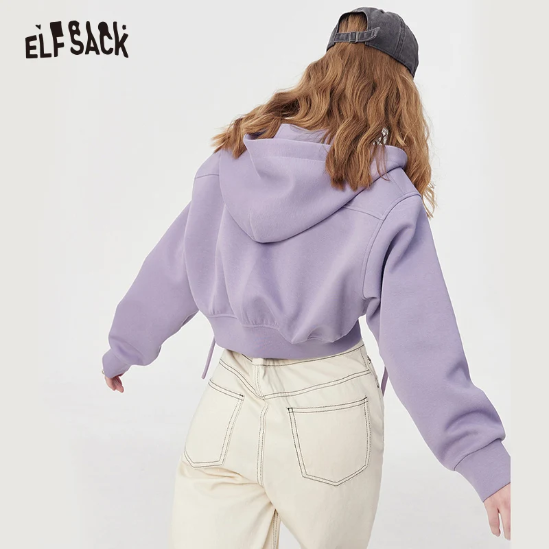ELFSACK casual style cropped hooded loose cardigan for women 2024 spring new drawstring long sleeve energetic hooded top