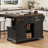 Rolling Kitchen Island On 4 Wheels With Drop Leaf, Power Outlet, Cross Barn Doors & Visual Glass Door For Kitchen, Dining Room 2