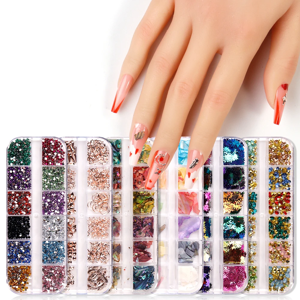12 Grid/Box Nails Art Jewelry AB Clear Rhinestones 3D Glitter Gems Pearl  Nail Charms DIY Manicure Nail Studs Decoration #PH21kjj| | - AliExpress