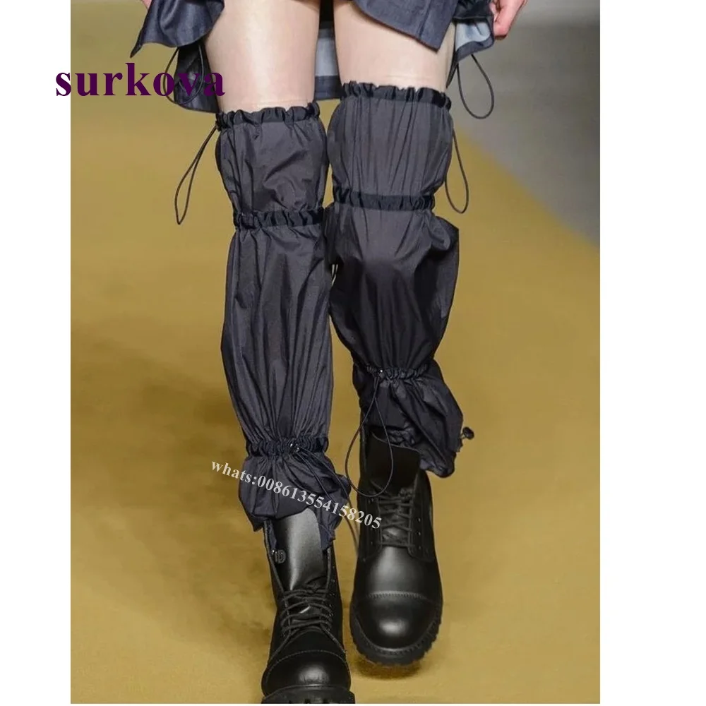 

Black Satin Pleated Boots 2022 New Knee High Chunky Heel Women Boots Round Toe Cross Tied Lace Up Spring Ladies Runway Shoes