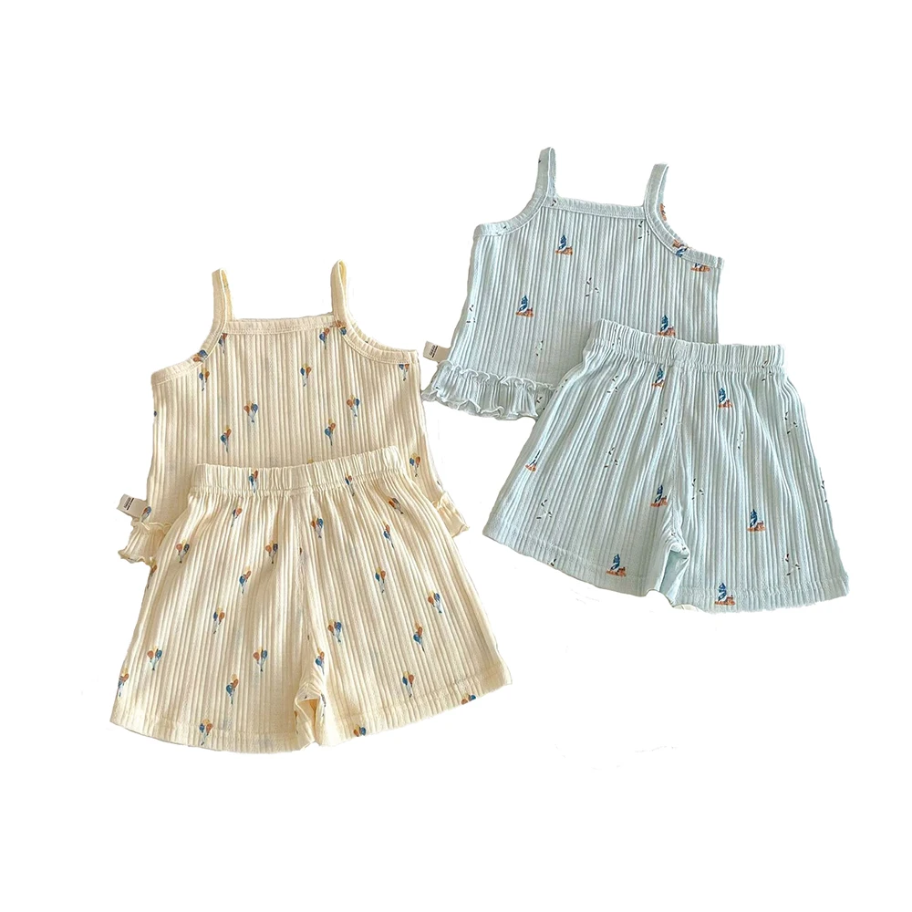 2025 Summer Baby Girls Clothing Set Camisole Tee And Shorts 2 PCs Suit Girls Ruffle Suit Kids Outfit