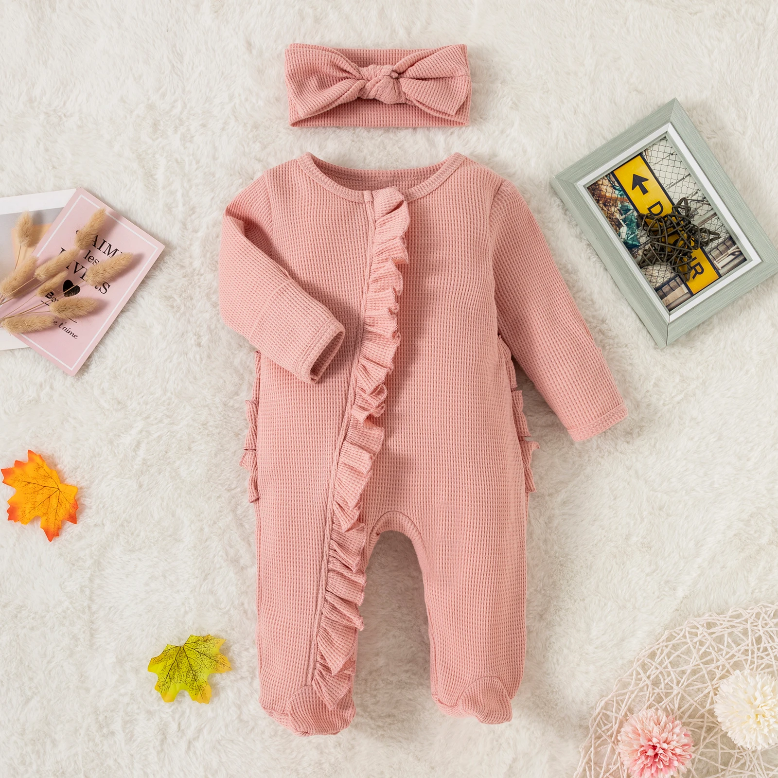 FOCUSNORM 5 Colors Infant Baby Girl Boys Footies Rompers Solid Frills Ruffles Long Sleeve Autumn Jumpsuits with Headband