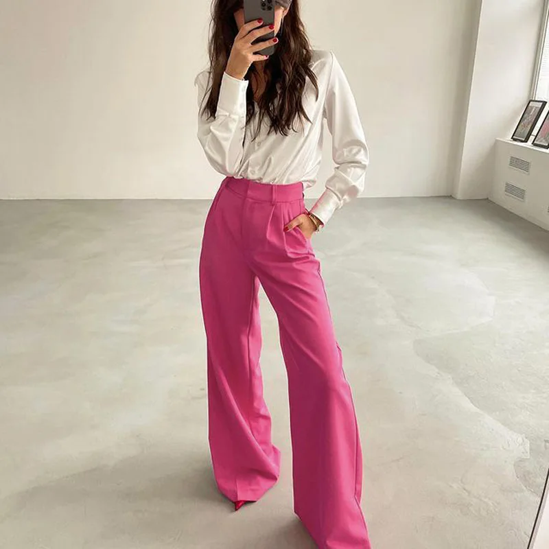 Blue Office Women'S Pants 2024 Fashion Loose Full Length Ladies Trousers Casual High Waist Wide Pants For Women