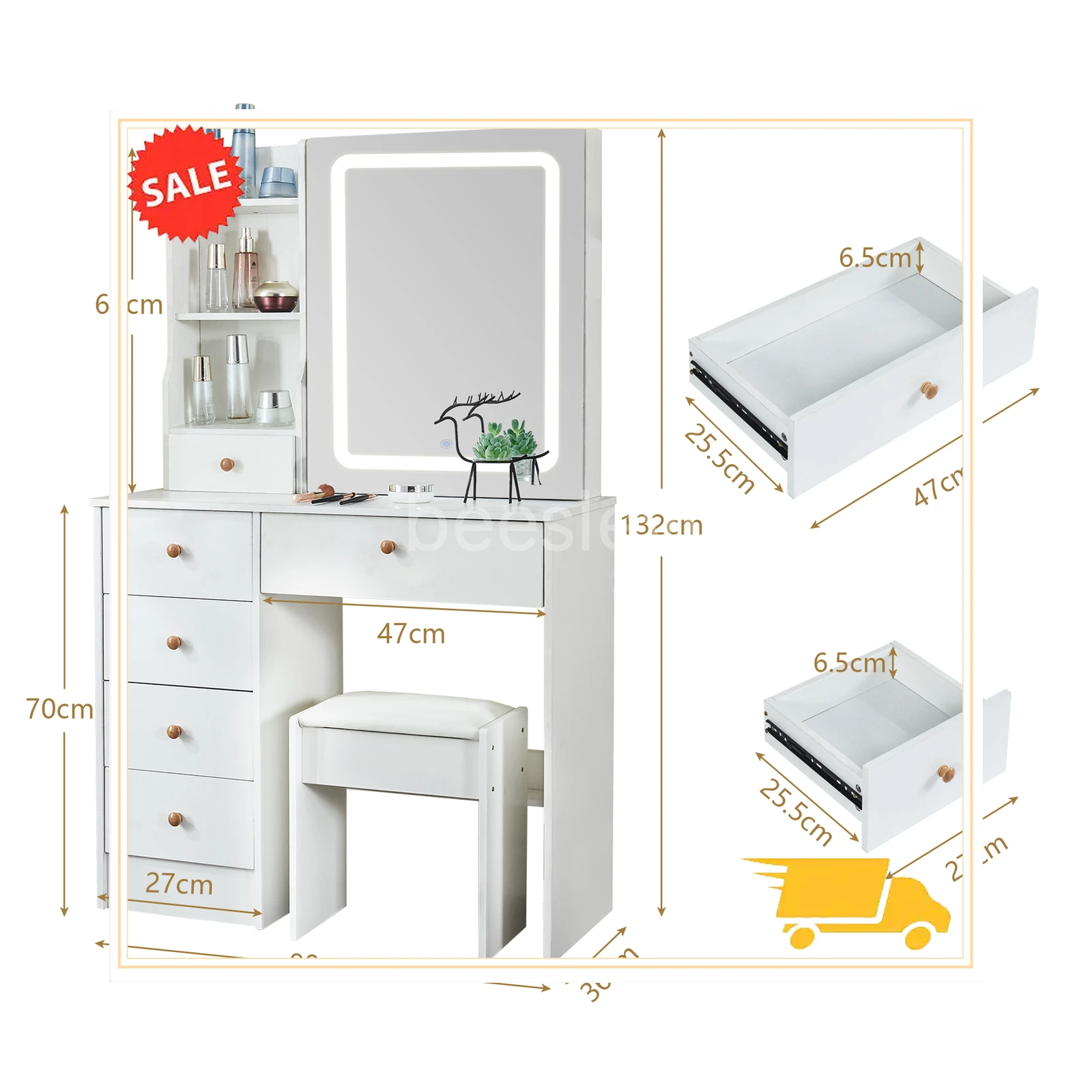 Dressing Table Mirror with Lights Stool Makeup Vanity Set Desk Organizer Dresser 6