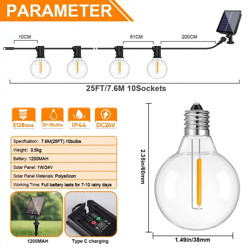 G40 Outdoor Solar String Light Garland LED Solar String Lights 24V Globe Waterproof Hanging Lights for Garden Backyard Cafe - Image 2