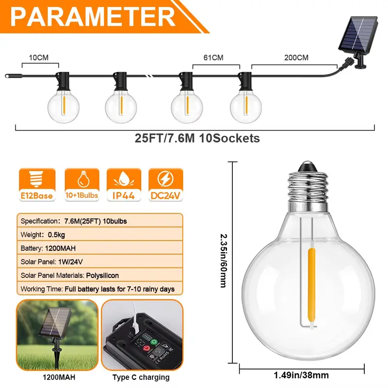 G40 Outdoor Solar String Light Garland LED Solar String Lights 24V Globe Waterproof Hanging Lights for Garden Backyard Cafe - Image 2