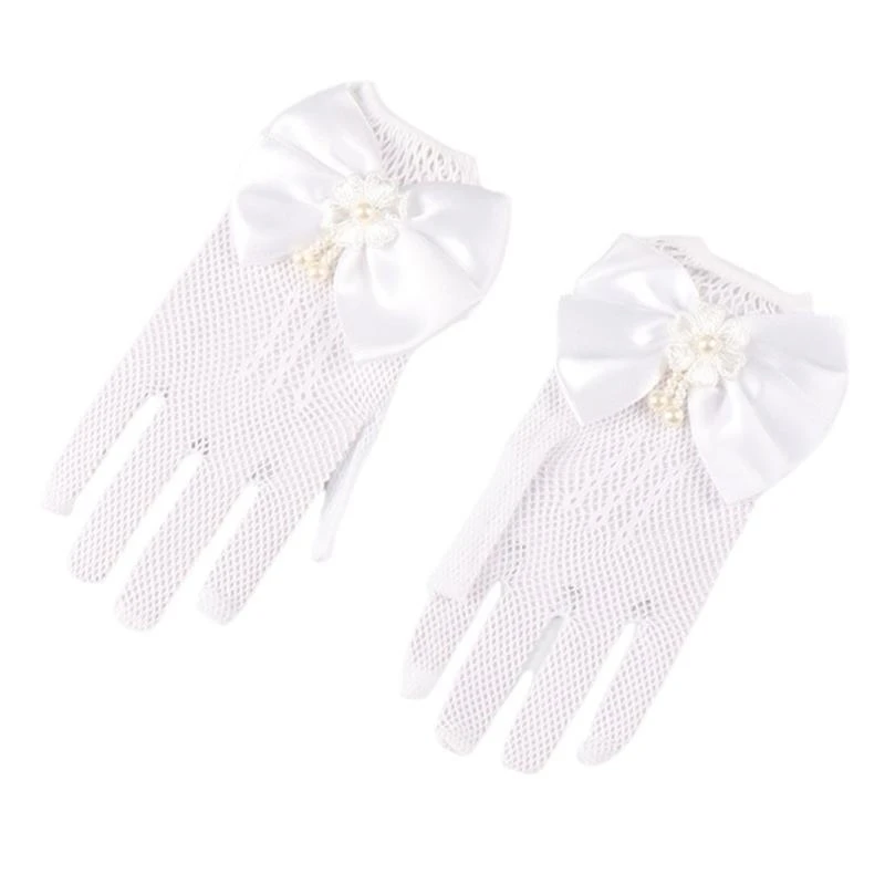 1 Pair Lace Girls' Formal Gloves Comfortable Nylon Fabric Mittens for Wedding Dresses and Special Occasion White/Black 4XBC