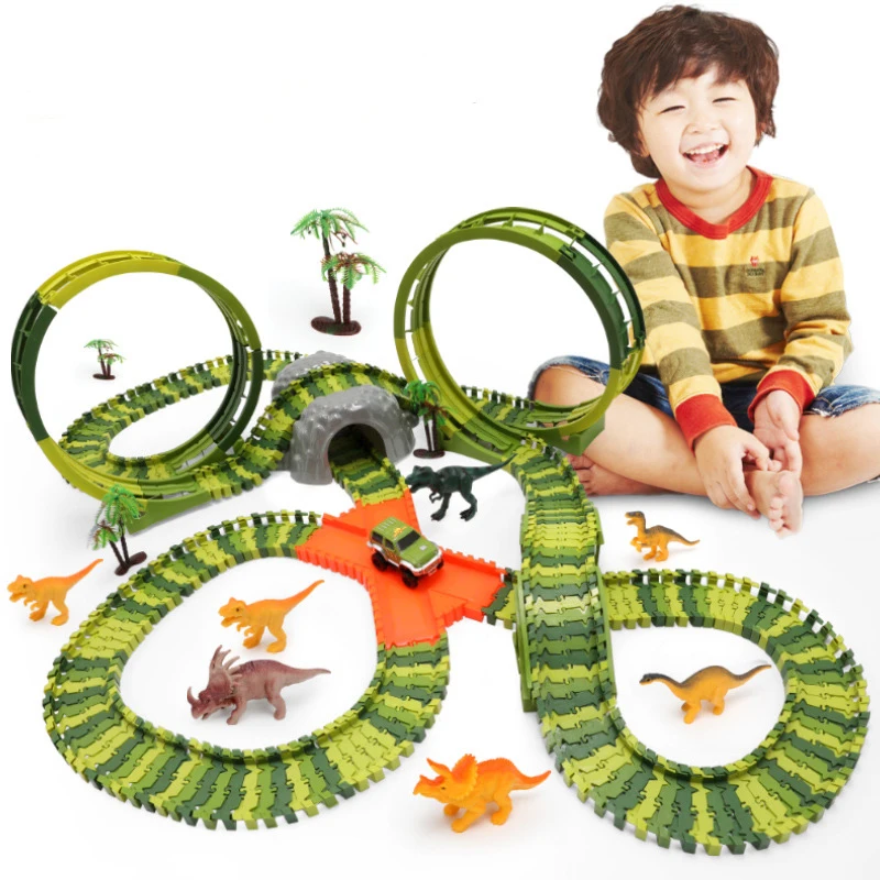 Dinosaur Railway Car Track Racing Diecast Toy Set Bend Flexible Race Track Led Electronic Flash Light Car Montessori Child Toys