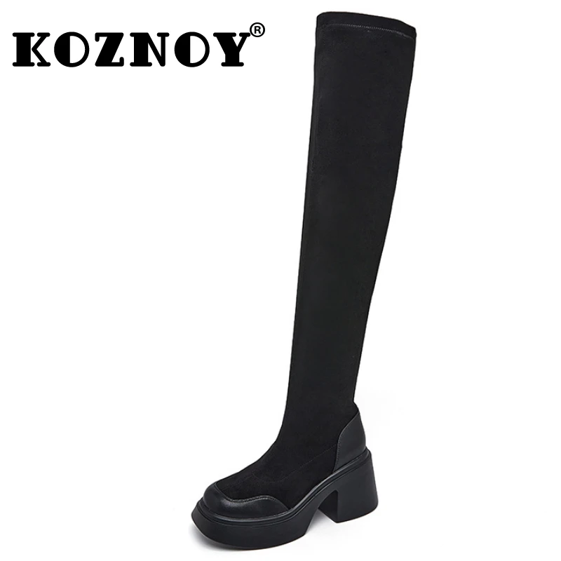 

Koznoy 8cm New Stretch Fabric Knee High Spring Fashion Women Ankle Platform Wedge Sock Mid Calf Booties Autumn Motorcycle Shoes