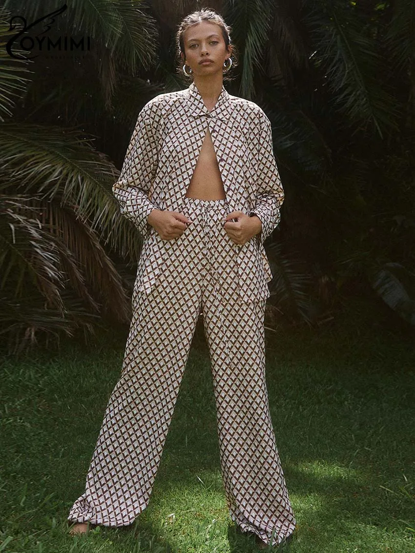 Oymimi Fashion Khaki Print Womens 2 Piece Outfit Set Elegant Lapel Long Sleeve Button Shirt And High Waist Straight Trousers Set