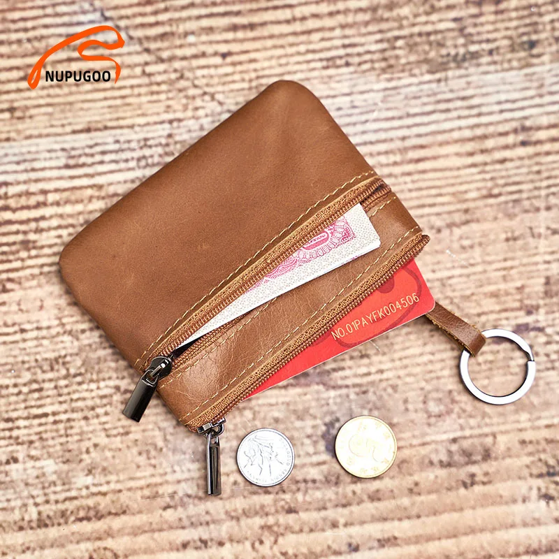 NUPUGOO Genuine Leather Mini Coin Purse for Men Wallet Women Zipper Vintage Short Lady Small Slim Female Women Wallet Male Thin