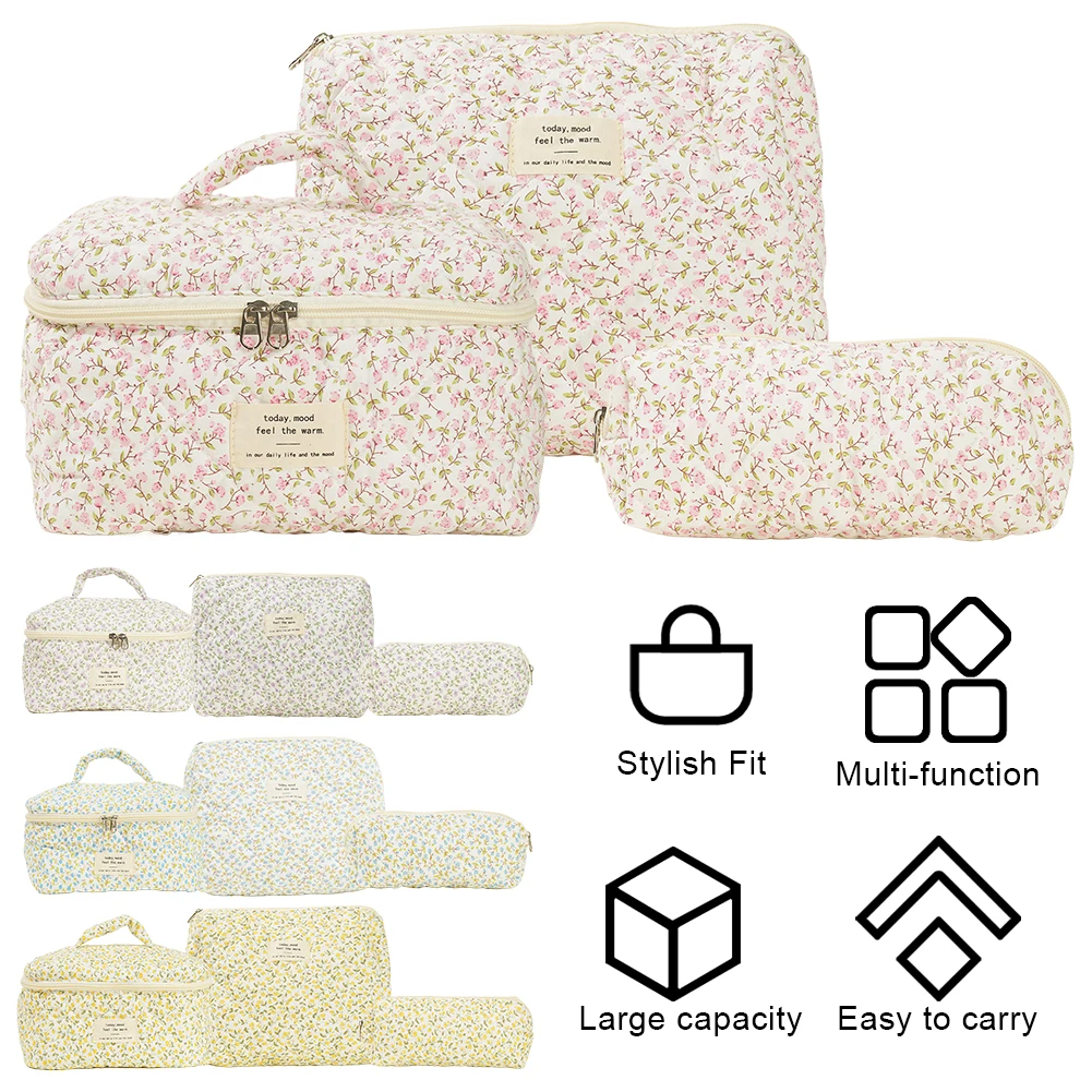Women Quilted Makeup Bag Cosmetic Organizer Bag Large Capacity Makeup Storage Bag with Clutch Bag & Pen Case Cute Toiletry Bag