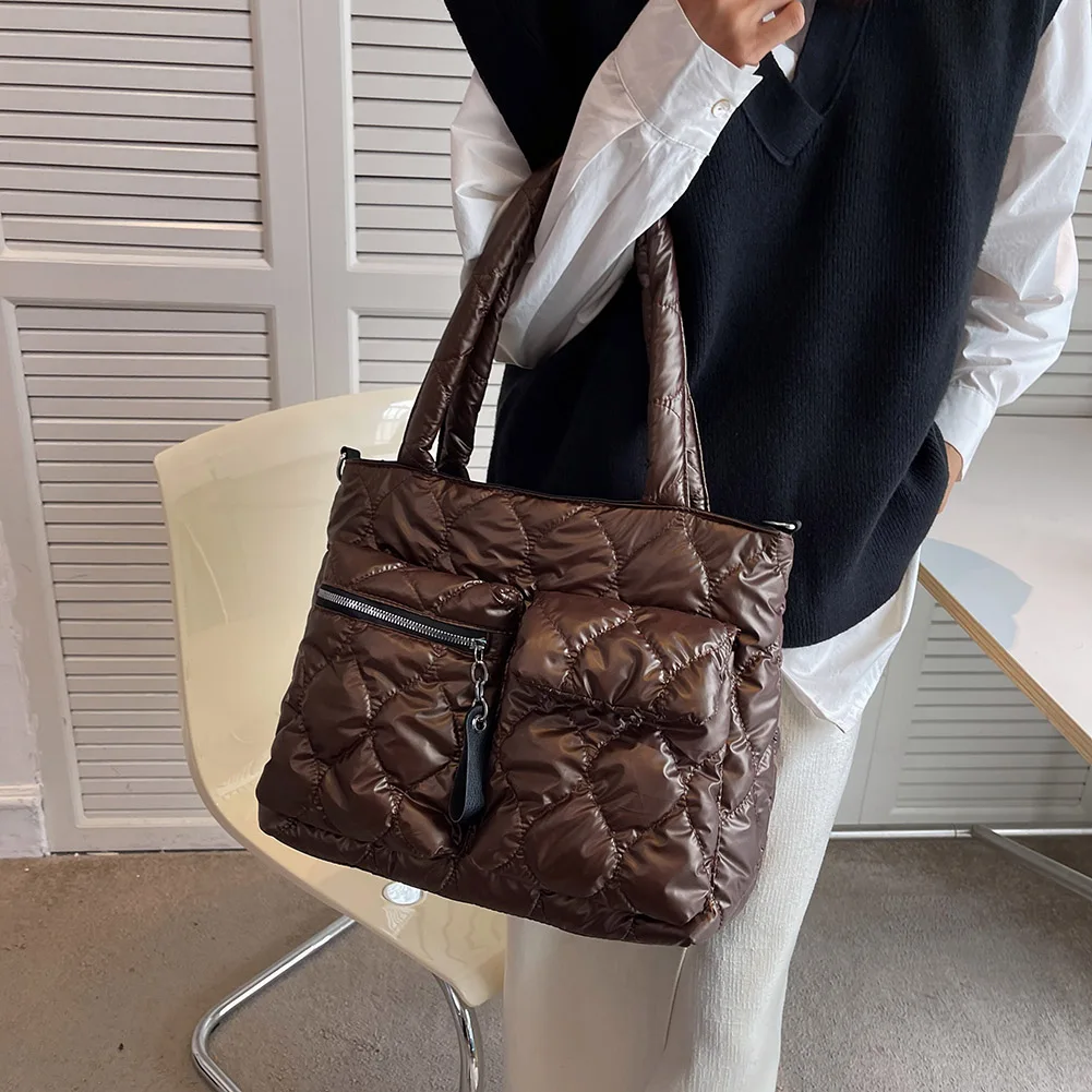 Fashion Winter Down Nylon Padded Handbags Female Large Capacity Top-Handle Bags Solid Color Crossbody Bags Women Shoulder Bags