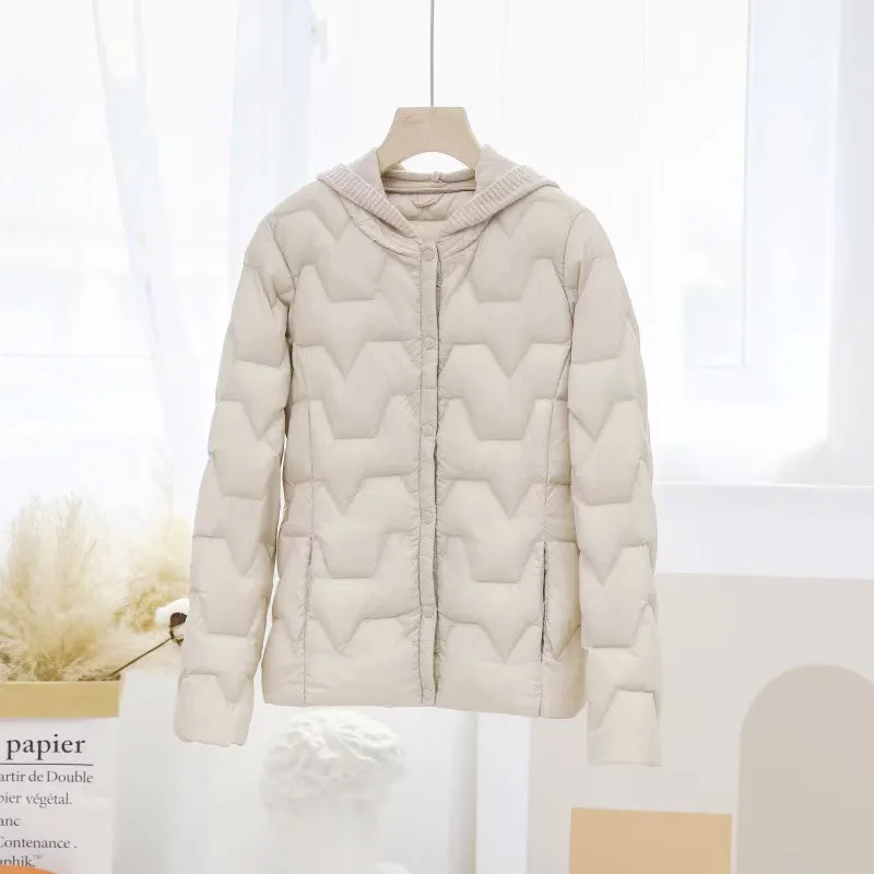 Knitted Patchwork Hooded Coat 2023 Autumn Winter Women Ultra Light White Duck Down Jacket Parkas Ladies Slim Warm Short Outwears