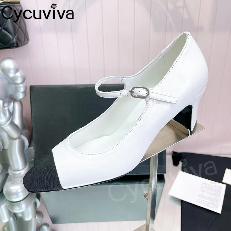 

Real Leather Patchwork Girl's Pump Chunky Heel Mary Jean Shoes Women's Dress Loafers Autumn Party Shoes For Women Sandals