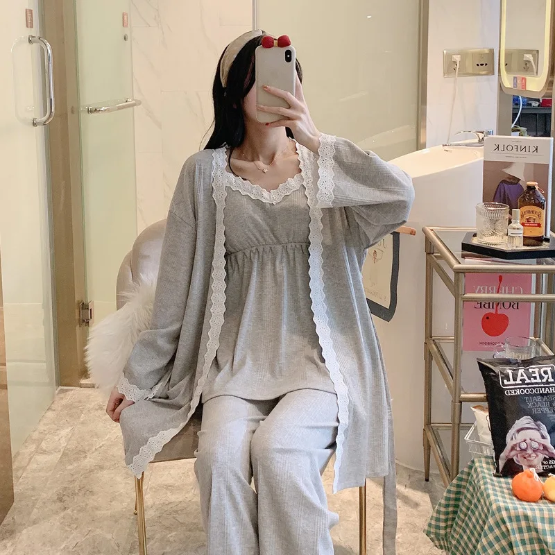 3Pcs/Set 100% Cotton Pregnancy Pajamas Long Sleeve For Spring Autumn Nursing