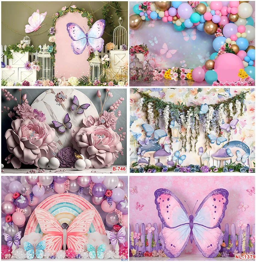 Butterflies Image Floral Balloons Leaves Backdrops Photographic Cake Smash Decoration Birthday Party Custom Background Photocall