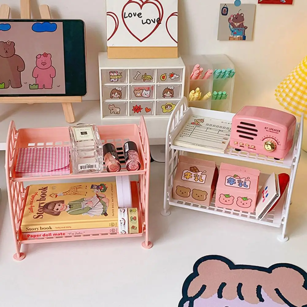 Kawaii Macaron Minimalist Desk Desktop Organizer Storage Rack Student Dormitory Folding Hollow Shelf Skin Care Storage Shelf
