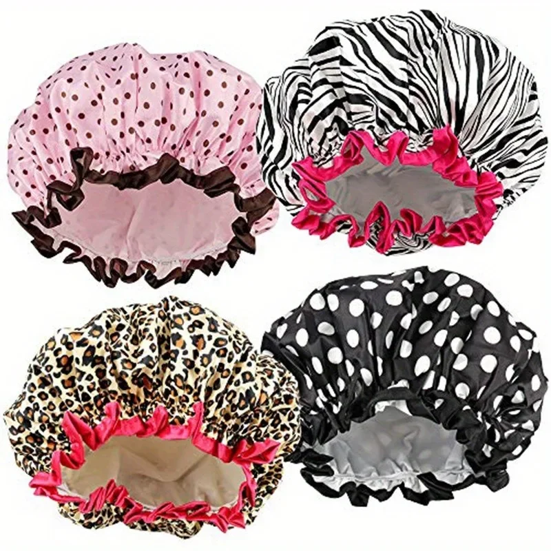 1PC Waterproof Shower Cap Leopard Print  Double Layer Elastic Hair Cover Reusable Bathroom Essentials - Shower Hair Protector