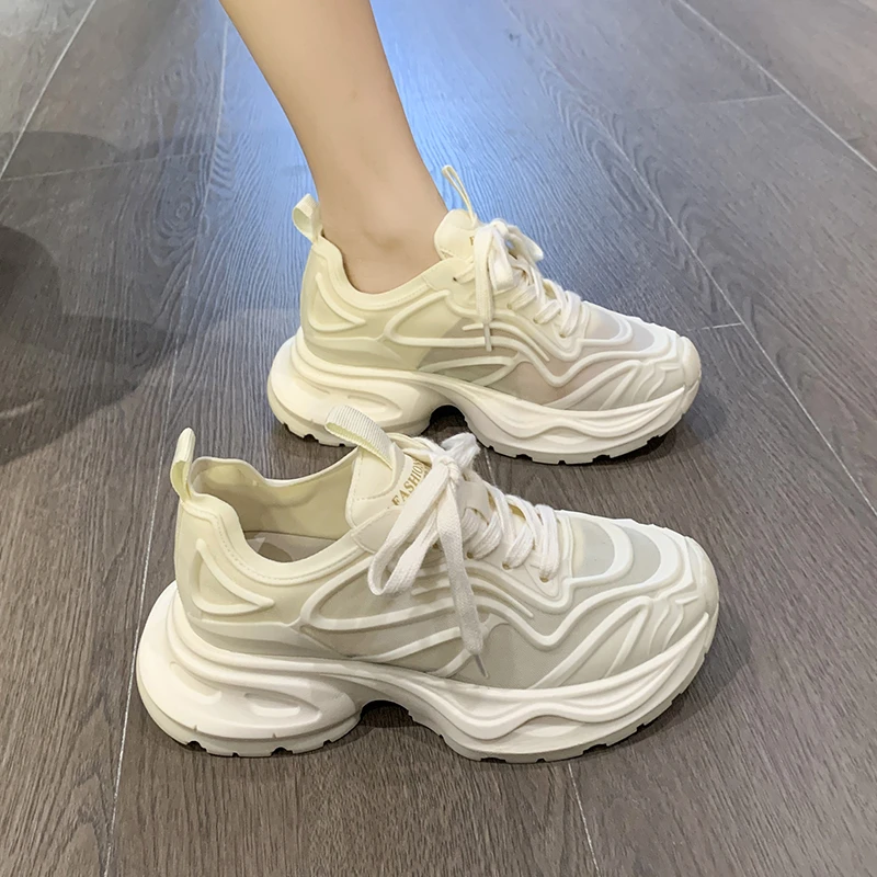 

Женские кроссовки на массивной платформе, однотонные кроссовки на шнуровке, на плоской вулканизированной подошве, с круглым носком, для улицы и бега, 2023