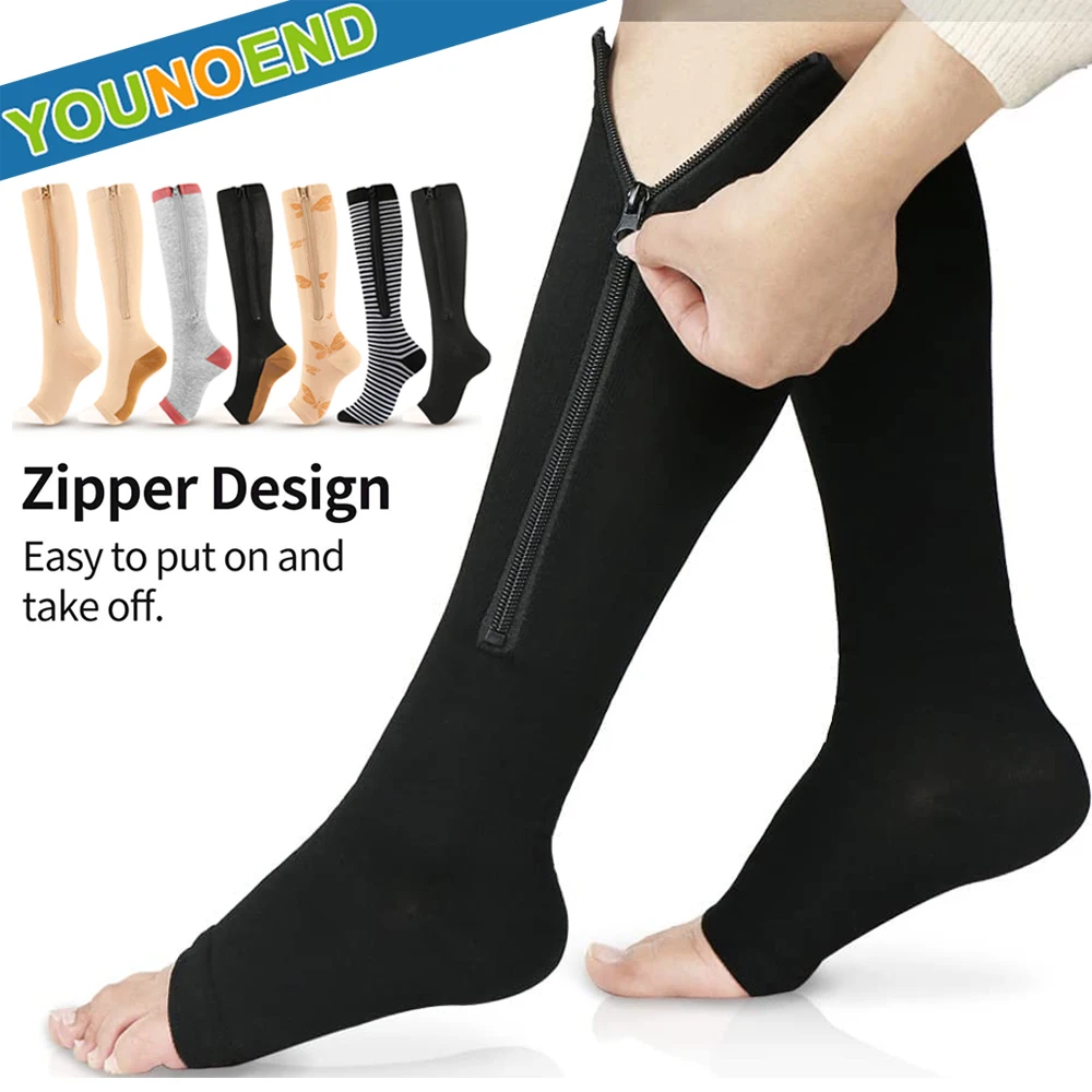 

1Pair Burn Fat Zipper Compression Stockings Women Slim Sleeping Beauty Open Toe Knee Leg-Support for Prevent Varicose Veins