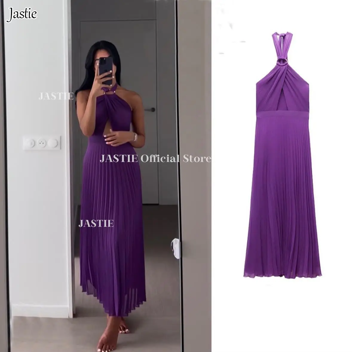 

Jastie Cross Halter Pleated Women's Dresses Solid O-Ring Elegant Lace Up A-line Off Shoulder Backless Dresses For Women 2023