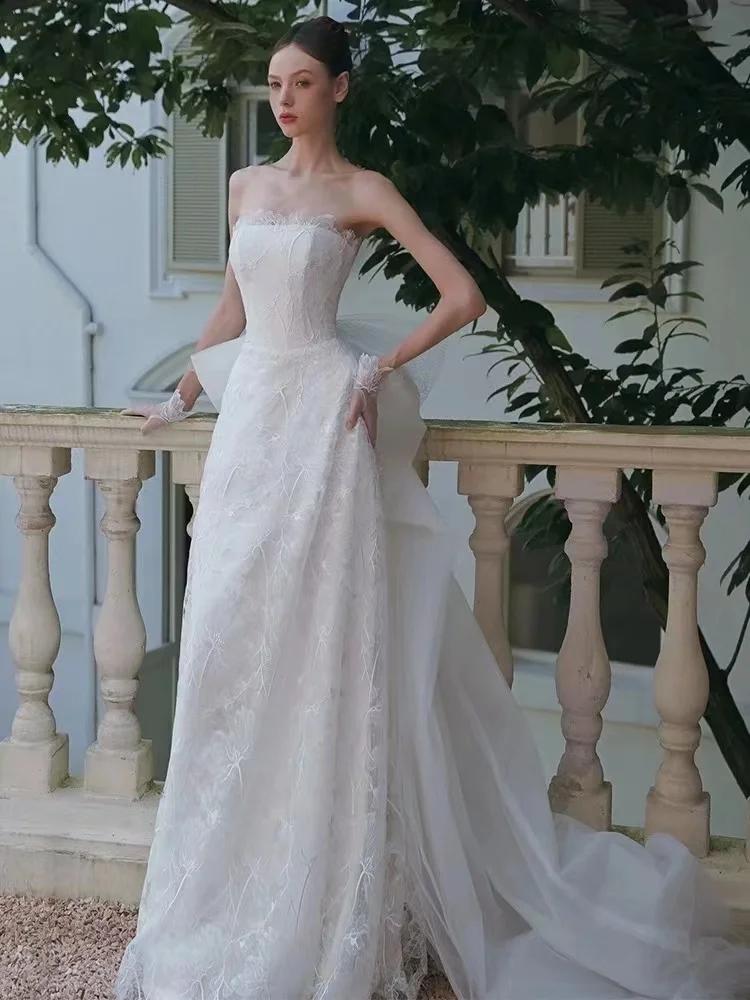 

Newest Wedding Dress A-Line Sweetheart Neckline With Lace Flowers Strapless Princess Plus Size Bride Gown Vestidos De Novia