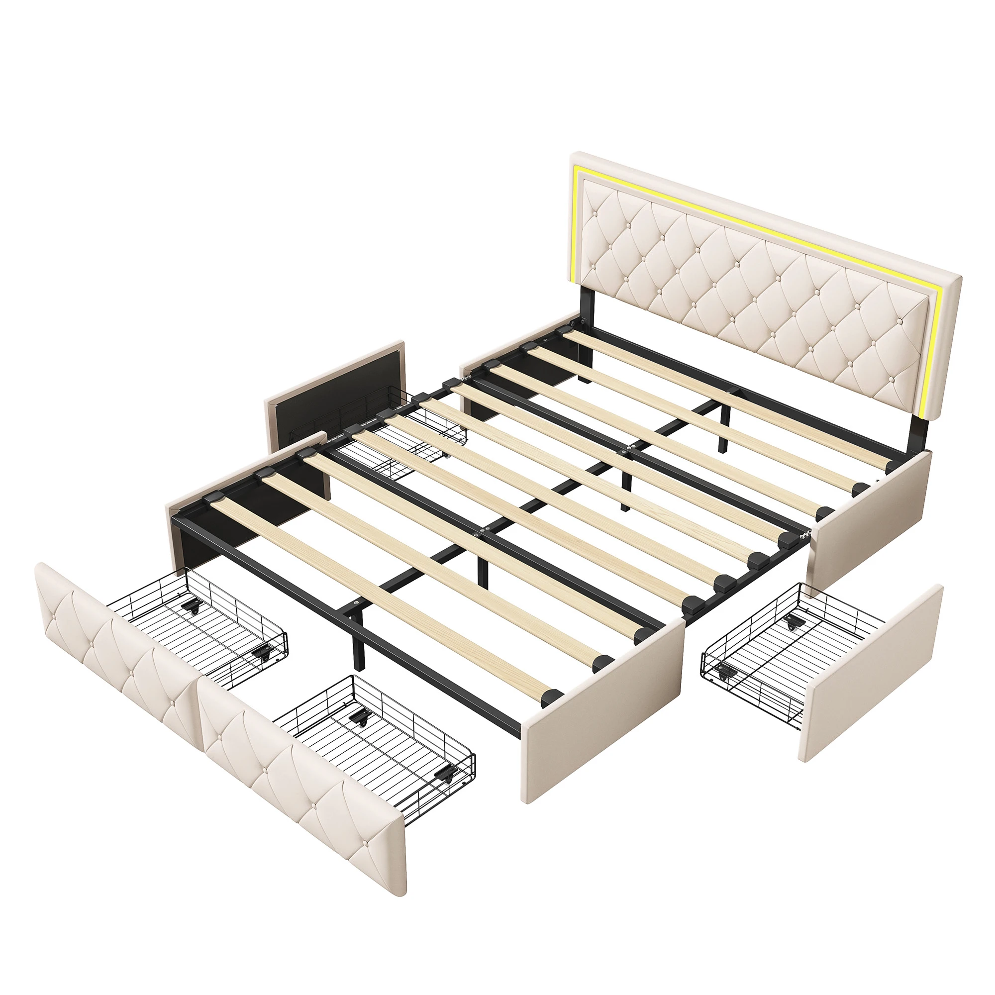 Comanlai Polsterbett 160 x 200 cm mit 4 Schubladen und LED-Kopfteil, Bettgestell mit Lattenrost aus Holz, ohne Matratze – Detail 3
