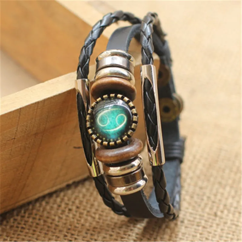 Punk Men Jewelry 12 Horoscope Leather Bracelet Retro Wooden Bead Charm Bracelet Female Male Jewelry Gifts bracelet jewelry leather bracelets