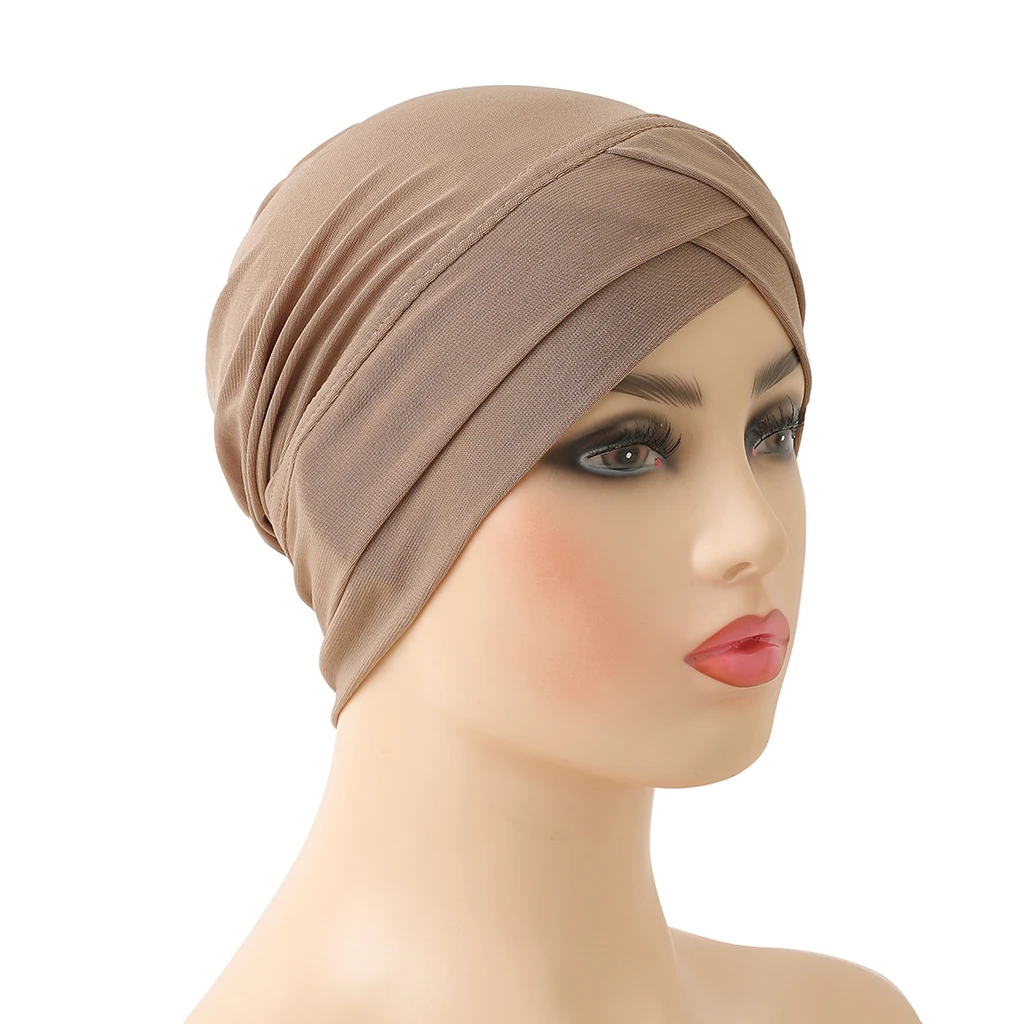  - H117 Criss Crossed Muslim Turban Pure Color Stretch Inner Hijabs For Caps Ready To Wear Women Head Scarf Under Bonnet
