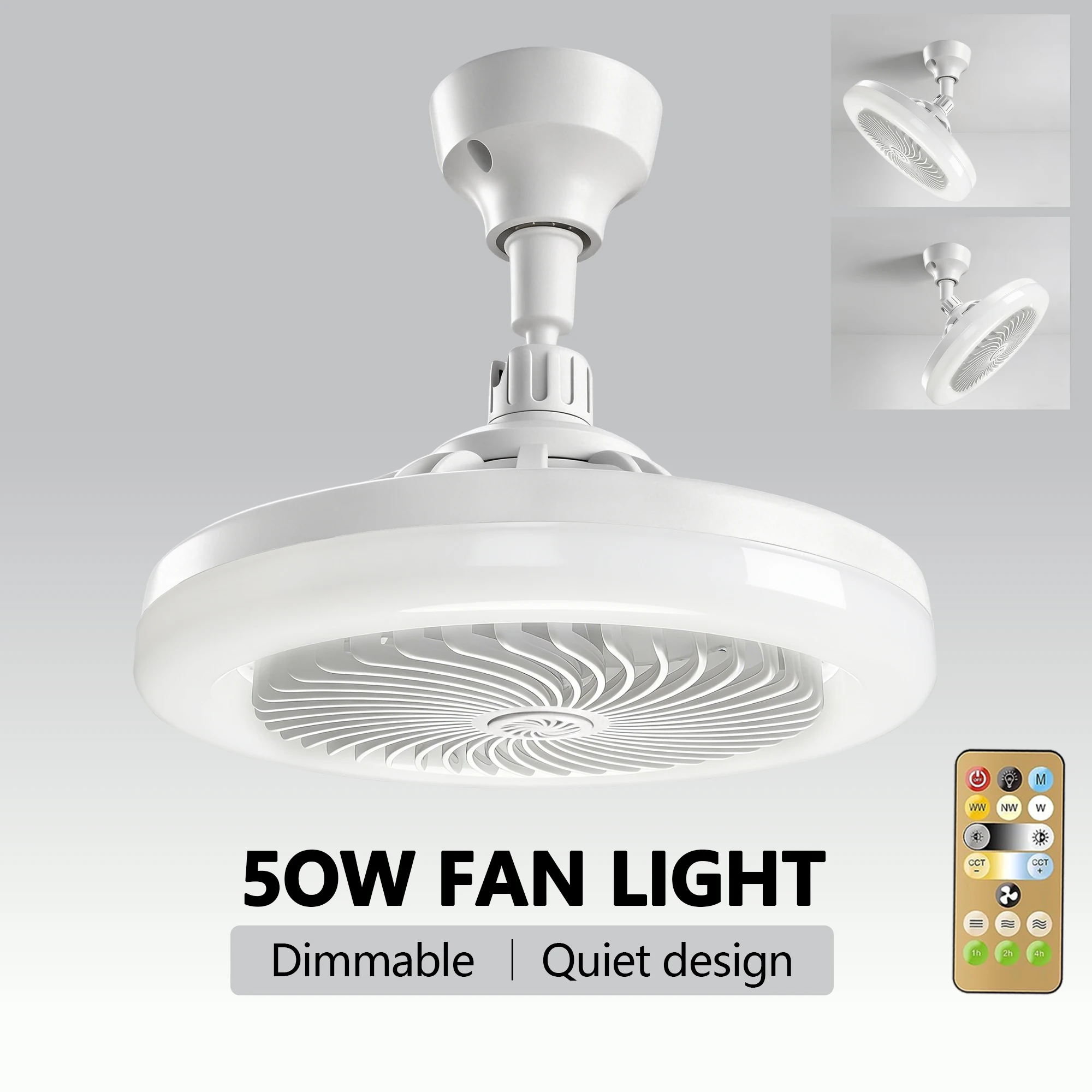 2 in 1 LED 천장 선풍기 조명 50W 램프 홀더 포함 리모컨 3단 속도 조절 및 디밍 가능 조명 침실 거실용