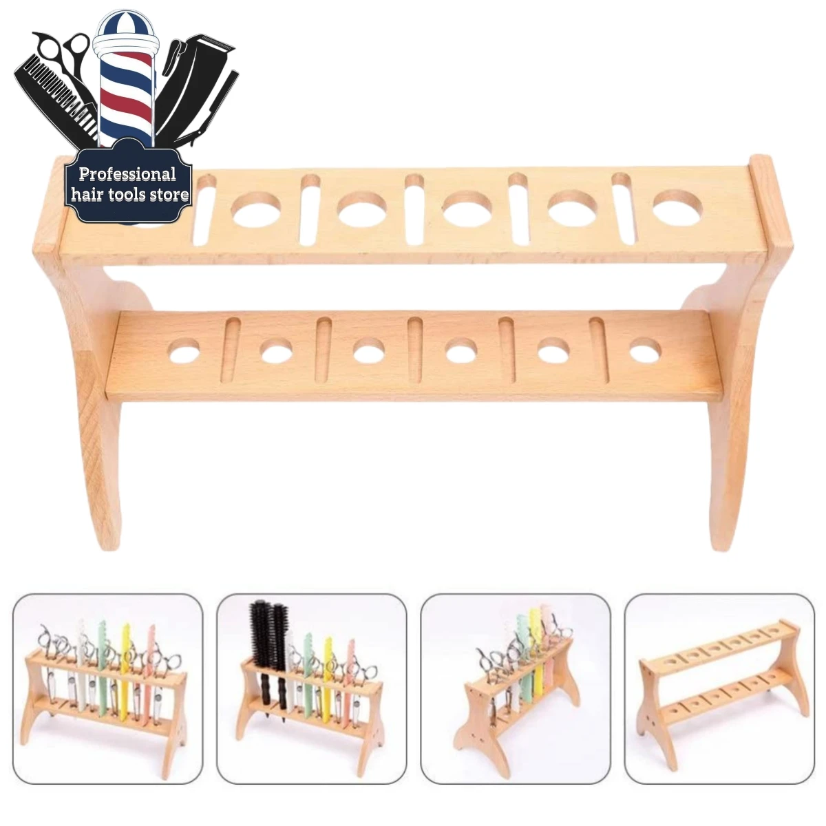 Barbershop Scissors Holder Wooden Shear Standing Rack Salon Hair Trimmer Organizer Hairdressing Combs Display Shelf 360° rotate hook holder under shelf rack kitchen cabinet organizer storage