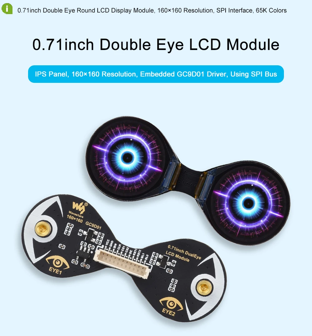 Waveshare Double Eye Round LCD Display Module 0.71inch Option SPI 160x160 65K Co