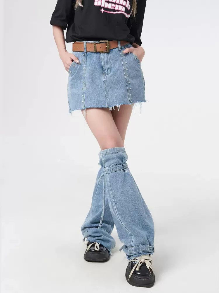 REDDACHIC Acubi 여성용 각반 드로스트링 데님 레그 워머, Y2k 빈티지 밴디지 부츠 커버, 긴 양말 소녀, 여름 토퍼 레깅스