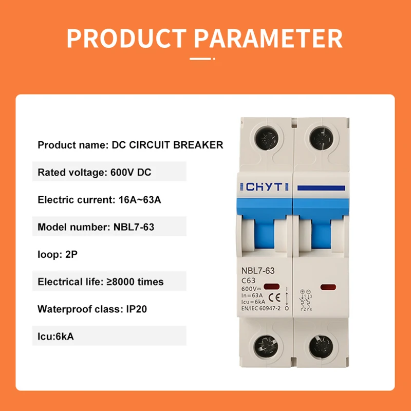 XIONGISOLAR 2P 600V/1000V 16A 25A 32A 40A 50A63A PV Interruttori automatici in miniatura Su guida Din DC Mini interruttore MCB per solare - immagine 5