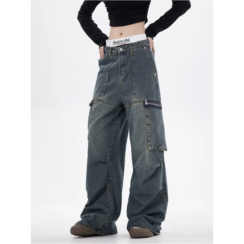 Women Blue Jeans High Waist HarajukuStreet Wide Leg Pants Fashion Hip Hop Vintage Female 2024 E-girl Straight Winter Trousers