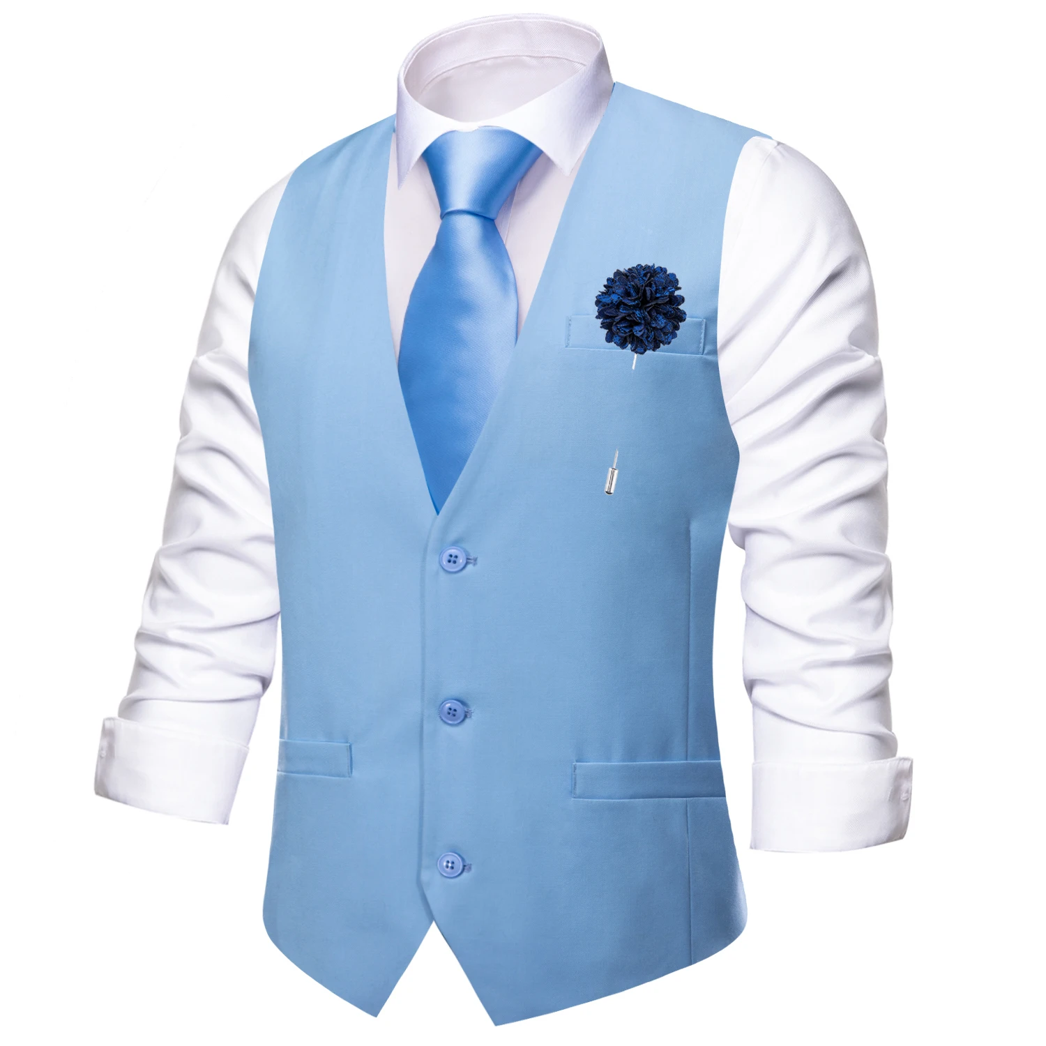 Hi-Tie Sky Blue Men's Silk Vest New Solid Slim Waistcoat Neck Tie Hanky Cufflinks Brooch Set for Men Suit Wedding Party Designer