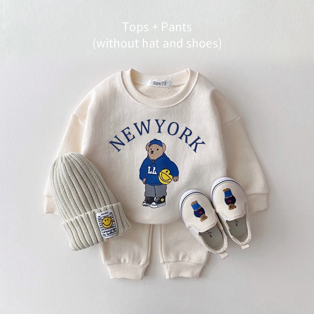 Baby Outfits Newborn Spring Autumn 2PCS Baby 0-4Y Cotton Thick Long Sleeves+Pants Bear Boys Girls Printed Clothes Warmth Set Children
