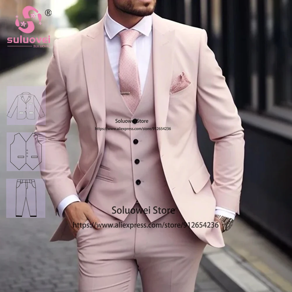 

Fashion Pink Wedding Suits For Men Slim Fit 3 Piece Pants Set Formal Grooms Dinner Peaked Lapel Tuxedos Terno Masculino Completo