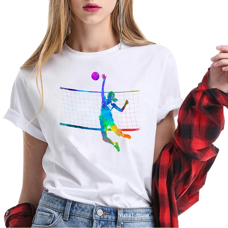 

2023 Summer Hot sale watercolor volleyball girls printed tshirt women love sports tees tops female white t-shirt funny t shirts
